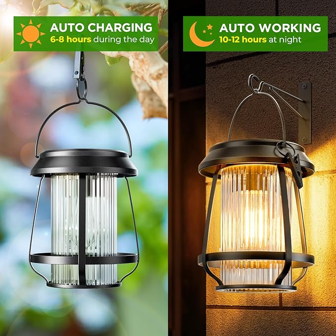 Solar Lanterns Outdoor Waterproof, Metal Hanging Solar Lights Outdoor with Hooks Wall Mount Kit, Solar Powered Lanterns for Garden Porch Patio Fence Decorative 2 Pack (Warm Light)