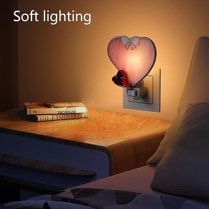 KY&BOSAM Plug in Pink Heart Night Light Stained Glass Nightlight Decorative Wall Night lights with On/Off Switch Come with 7 Watt Bulb Mother`s Christmas Valentine`s Holiday Spring & Winter Home Decor