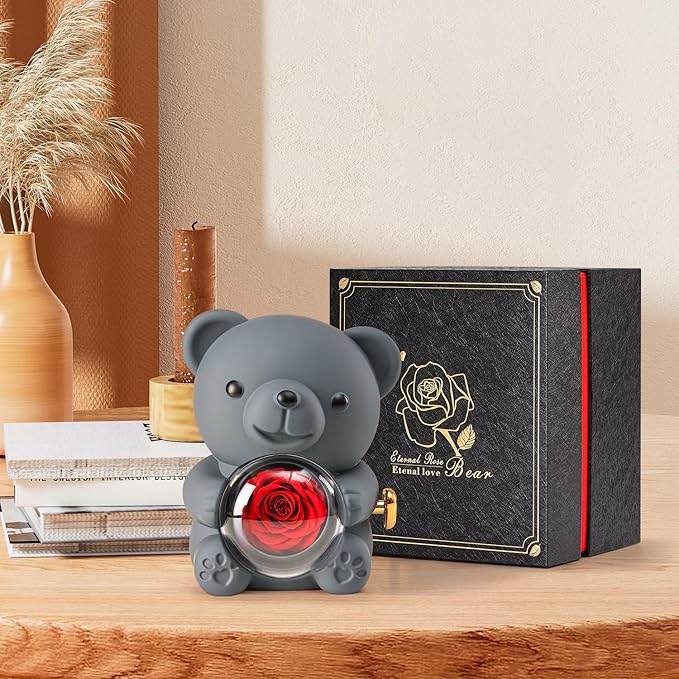 Cute Teddy Bear with Preserved Rose - A Real Rose Flower in Bear with Elegant Gift Box - Romantic Gift for Her in Mother's Day, Weddings, Anniversaries, and Bridal Showers (Grey)