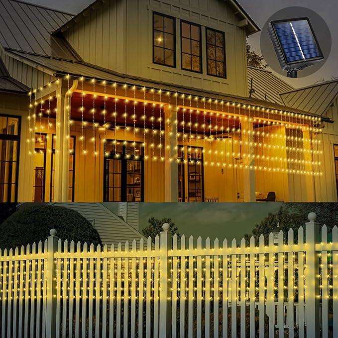 32.8 * 3.28FT Large Size Solar Curtain Lights Outdoor, 8 Modes Icicle Lights, Garden Christmas Decortions for Patio, Gazebo, Eaves, Fence, Tree, Porch (Warm White)