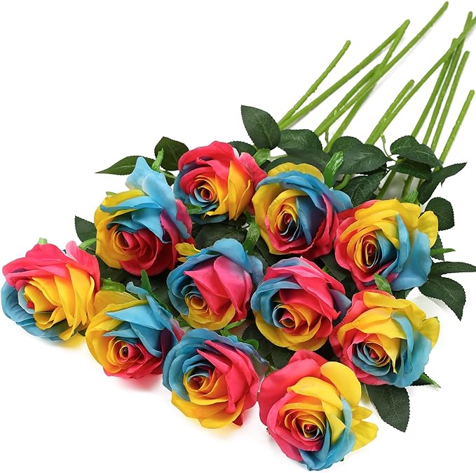 Rainbow Fake Roses Artificial Flowers - 10 Pcs Fake Artificial Roses Silk Flowers with Stems for Home Wedding Hotel Office Centerpiece Decor（Rainbow2）