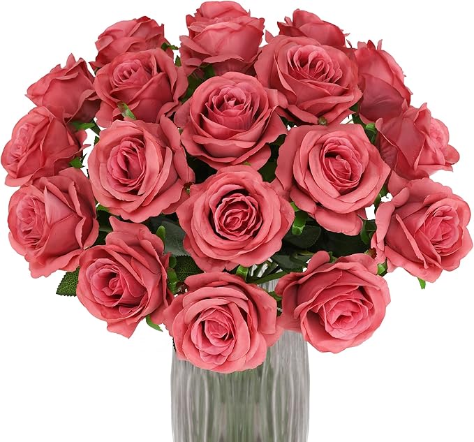 Pink Fake Roses Artificial Flowers - 16 Pcs Fake Artificial Roses Silk Flowers with Stems for Home Wedding Hotel Office Centerpiece Decor（Coral Pink）