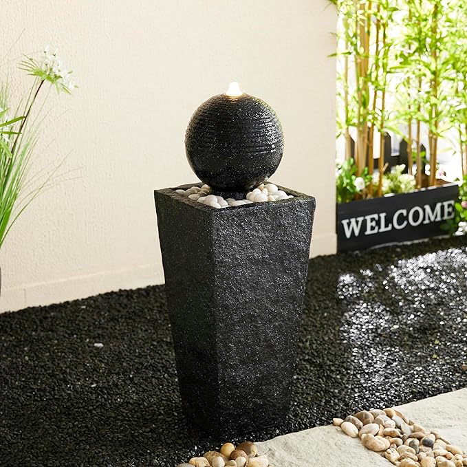 Glitzhome Outdoor Water Fountain with LED Light, Decorative Black Pedestal Water Fountains with Submersible Pump, Modern Sphere Floor Fountain with Pebbles for Garden Patio Decor Porch, 31.75”H