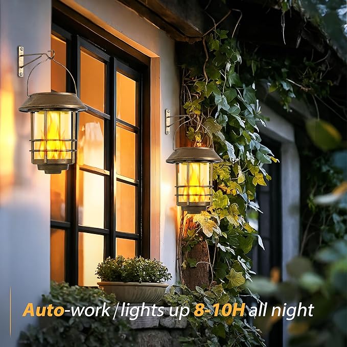 Otdair Solar Wall Lantern Outdoor, Flickering Flames Solar Sconce Lights Outdoor, Hanging Solar Lamps Wall Mount for Front Porch, Patio and Yard, 2 Pack, Yellow Bronze