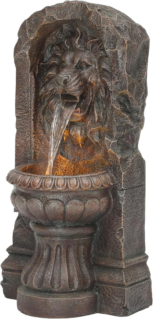 30" Lion Head Outdoor Water Fountain with LED Lights, 2-Tier Resin Garden Fountain, Tranquil Cascading Waterfall for Patio Yard Deck or Porch, Faux Bronze Finish, Weather-Resistant