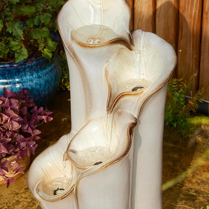 Glitzhome 31.25" H Outdoor Water Fountain with LED Lights and Pump, 4 Tier Sand Beige Lotus Leaf Textured Ceramic Floor Standing Fountain, Vase Waterfall Fountains for Porch Deck Garden Patio Backyard