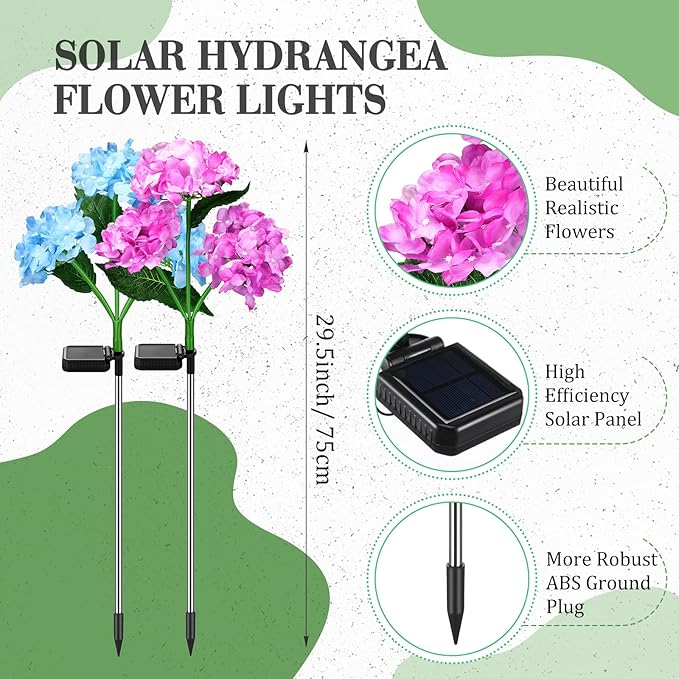 Treela 4 Pack Solar Lights Flowers Outdoor Waterproof Hydrangea Garden Stake Lights Realistic LED Flowers Powered Decorative Ground Solar Flower for Lawn Yard Backyard Decoration Gift(Blue, Purple)