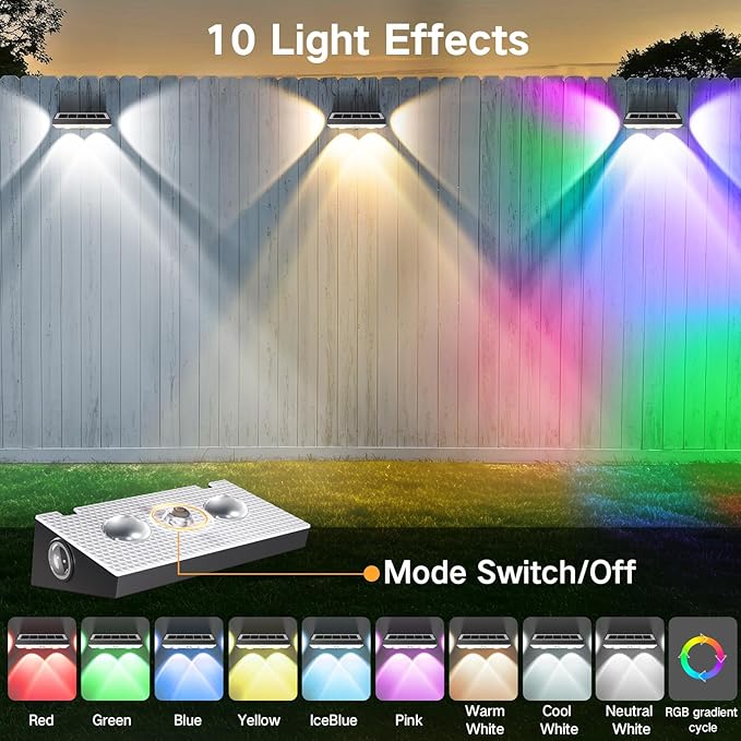 OUTON Solar Fence Lights Outdoor, 3-Side RGBCW Fence Light Solar Powered, 10 Modes Dusk to Dawn Auto ON/Off Deck Lights, IP65 Waterproof Outside Light for Garden Step Patio Backyard Wall, 12-Pack