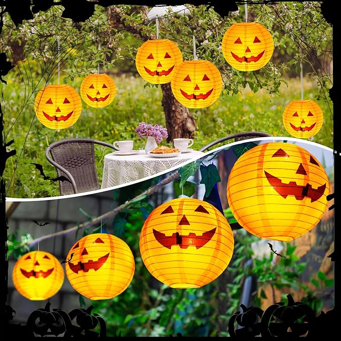 Retisee 20 Pcs 10 Inch Halloween Paper Lanterns Jack O Lantern Pumpkin Halloween Party Decorations Halloween Hanging Pumpkin Decor with Lights Suitable for Indoor Outdoor Yard, Lawn, Garden, Party