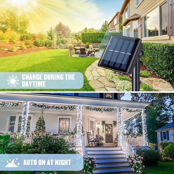 JMEXSUSS 2 Pack White Solar String Lights, Each 100 LED 33ft Green Wire Solar Lights Outdoor Waterproof for Outside Garden Wedding Party Decoration