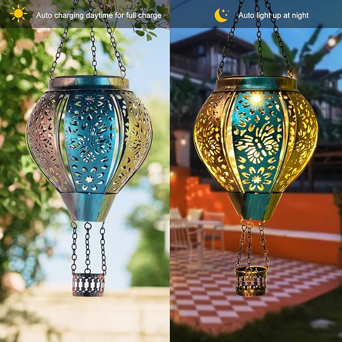 pearlstar Butterfly Lantern Outdoor Solar Hanging Hot Air Balloon Lantern Waterproof Solar Light Decorative for Porch Shed Fence Patio Yard Garden Lighting, Gardening Gift for Women Mom