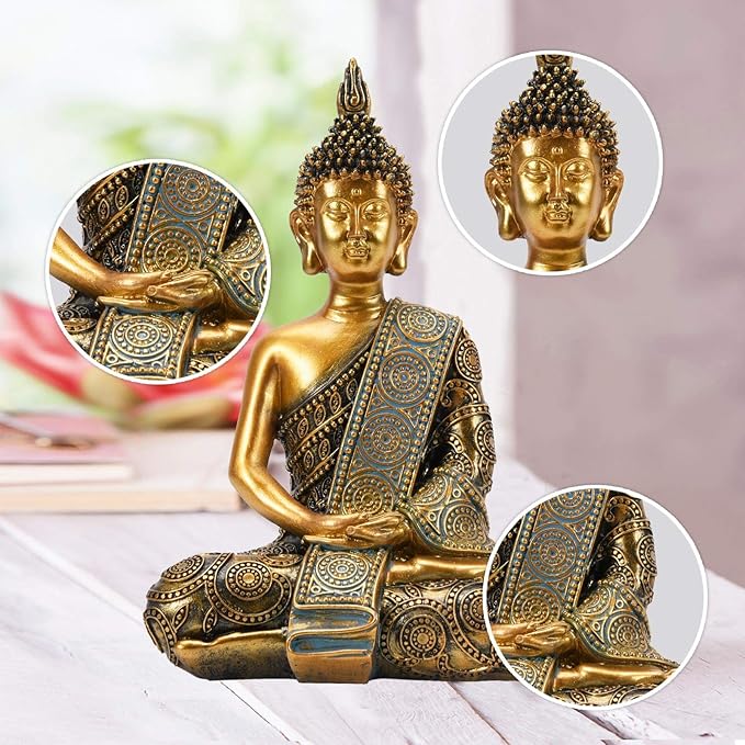 Nacome Meditating Seated Thai Buddha Statue Praying Collectibles Figurines,Zen Garden Buddha Sculpture-Indoor/Outdoor Decor for Home,Porch Yard Art Decoration,polyresin,Gold Buddah,Gift
