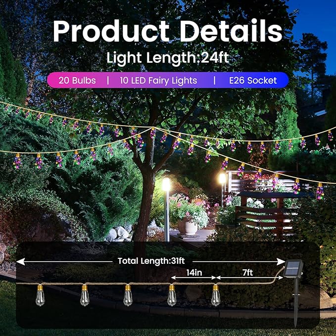 Solar Outdoor String Lights 24FT Vintage Rope Hemp Solar Lights with 20 Shatterproof Bulbs,8 Modes Solar Powered String Lights with Memory Function, Waterproof for Garden,Camping,Café(Multicolor)