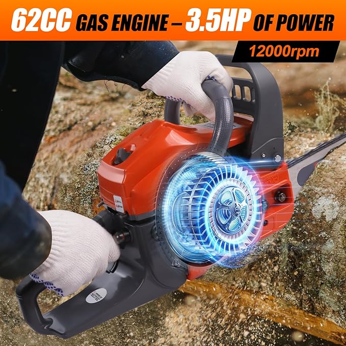 62CC 2-Cycle Gas Powered Chainsaw, 20 Inch Handheld Cordless Petrol Gas Chainsaw for Backyard Storm Cleanup Tree Wood Firewood Cutting