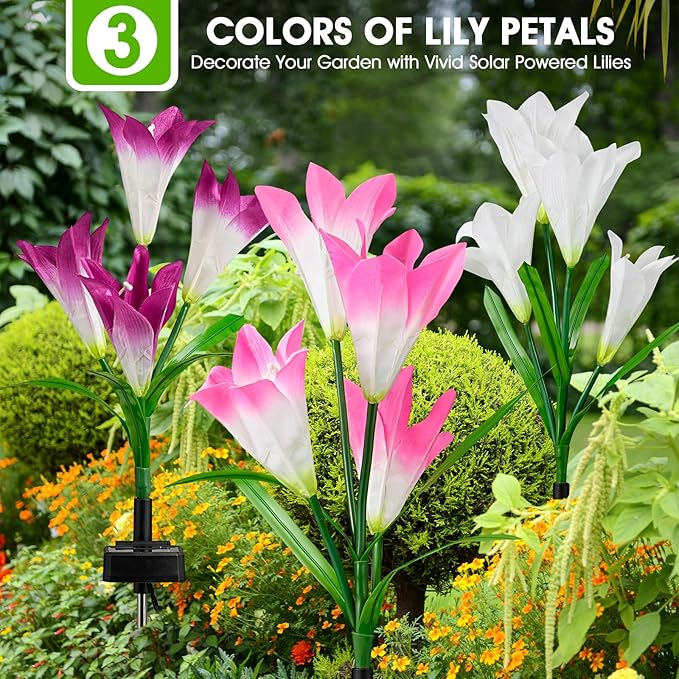 6 Pack Solar Garden Lights Outdoor, 7 Color Changing LED Waterproof Solar Powered Lily Flowers Landscape Lights for Outside Yard, Patio, Pathway Decorative, Décor