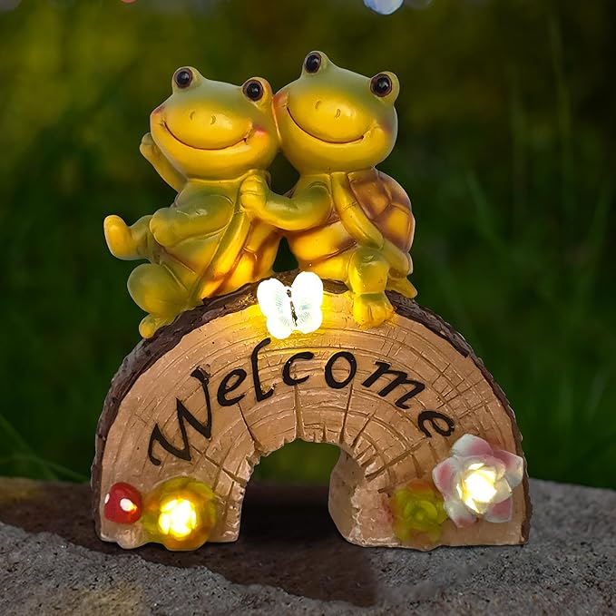 Attivolife Garden Statue Turtle Welcome Decor, Outdoor Solar Light Cute Succulent Frog Face Figurines LED, Patio Lawn Porch Yard Balcony Decor, Unique Housewarming Birthday Gift for Mom Women