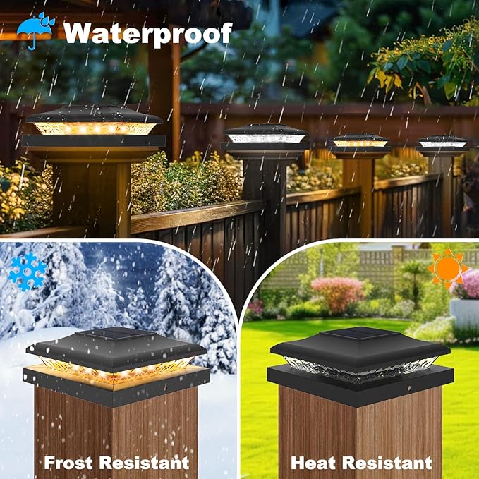 6 Pack Solar Post Cap Light Outdoor Fence Cap Lights 2 Color Modes 24 LEDs for Wooden/Vinyl Post, Waterproof Deck Patio Decoration Fits 5x5, 5.5x5.5 or 6x6 Wooden Posts (3000k/6000k)