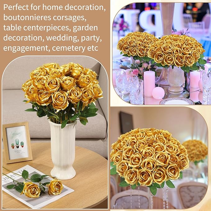 36 Pcs Gold Artificial Roses with Long Stems, Fake Silk Rose Artificial Flowers Bulk for Bridal Wedding Bouquet Centerpiece Ball Arrangement Party Decor