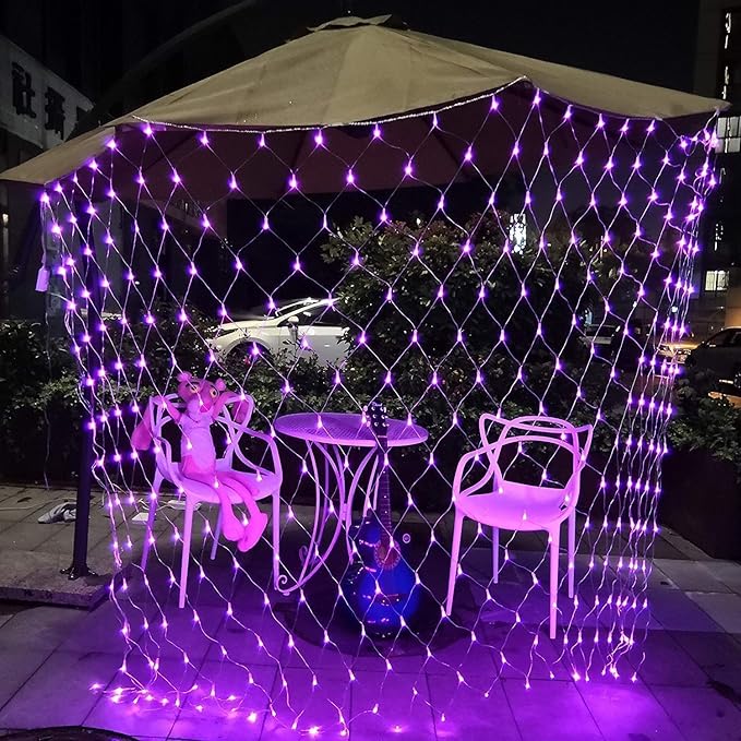 Joomer 12ft x 5ft 360LED Purple Halloween Net Lights Outdoor, 8 Modes Timer Connectable Waterproof Bush Mesh Netting for Halloween Outdoor Decorations (Clear Wire)