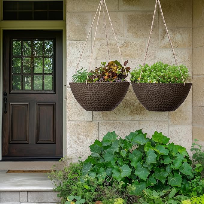 LA JOLIE MUSE Hanging Planters for Outdoor Plants, Large Outdoor Hanging Planters with Drain Holes Ash Brown, Honeycomb (13.2 Inch, Set of 2)