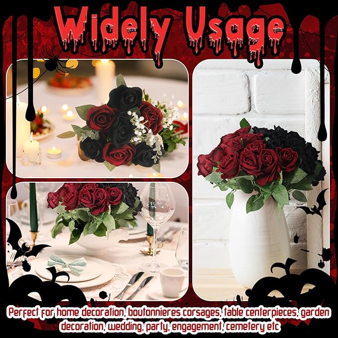 36 Pcs Silk Black Red Rose Bouquet Bridal Artificial Flowers,Fake Rose Long Stem Realistic Artificial Flowers Bulk for Wedding Bouquet Ball Arrangement Centerpiece Party Decor