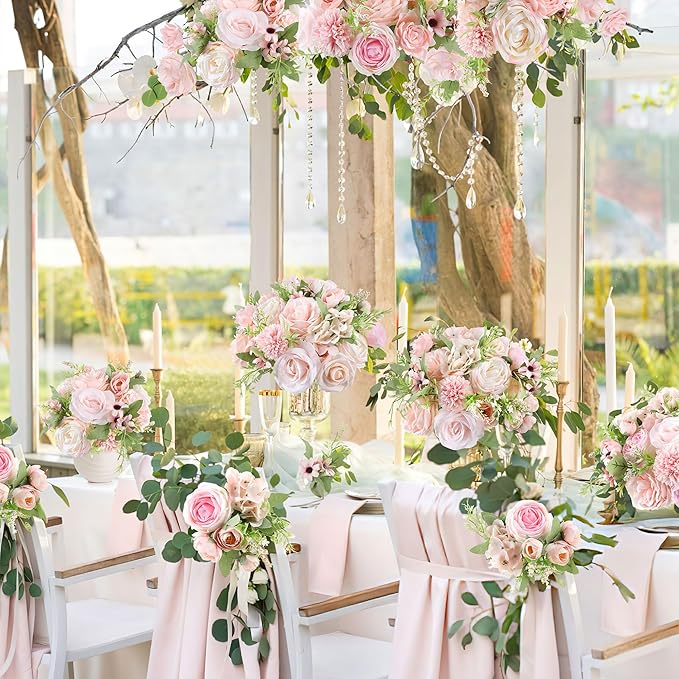 AGIRL Rose Artificial Flowers Combo Fake Flowers Pink Roses Silk Flowers with Stems for DIY Bridal Wedding Bouquets Centerpieces Arrangements Table Party Baby Shower Home Decor