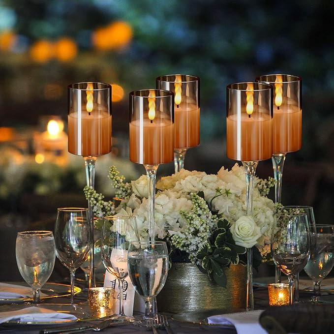 6Pack Glass Flickering Flameless Candles with Remote, 2"X3" Real Wax Votive Candles Battery Operated, Small Electric LED Candles for Wedding Home Decor, w/4 Timers+2 Lighting Modes [Gold]