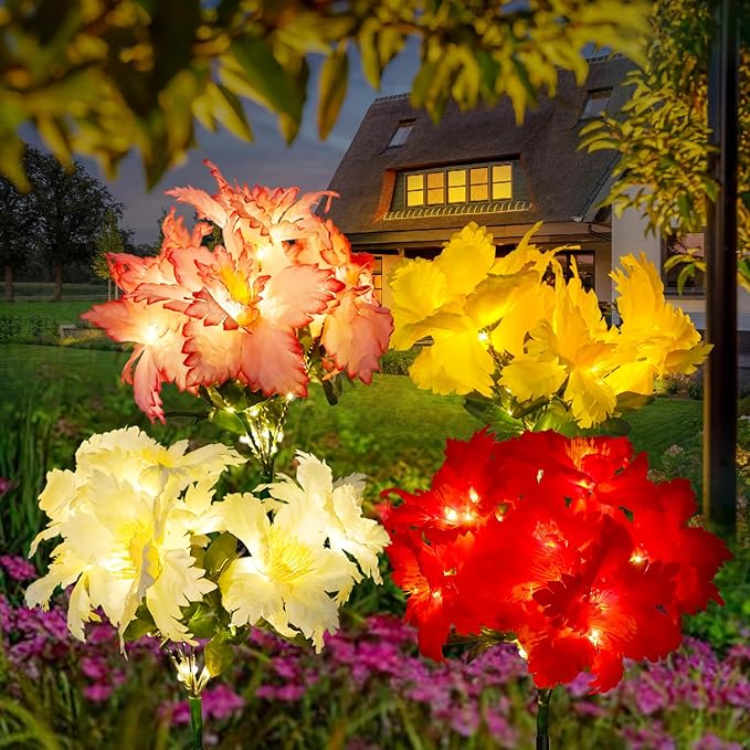 4 Pack Outdoor Solar Garden Decor Lights, Waterproof Solar Powered Hydrangea Lotus Flower Lights Bright Up to 12 Hrs,Led Flowers for Yard Patio Lawn Decorative (Solar Flowers Style 3)