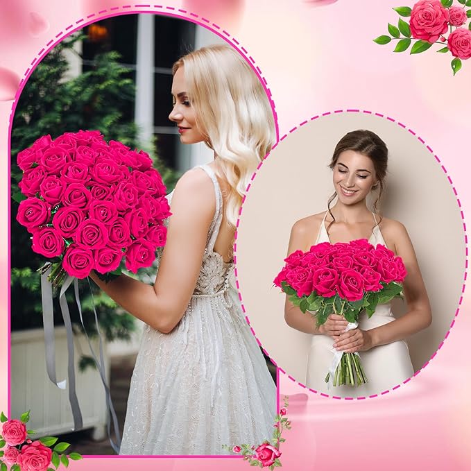 36 Pcs Hot Pink Artificial Roses with Long Stems, Fake Silk Rose Artificial Flowers Bulk for Bridal Wedding Bouquet Centerpiece Ball Arrangement Party Decor
