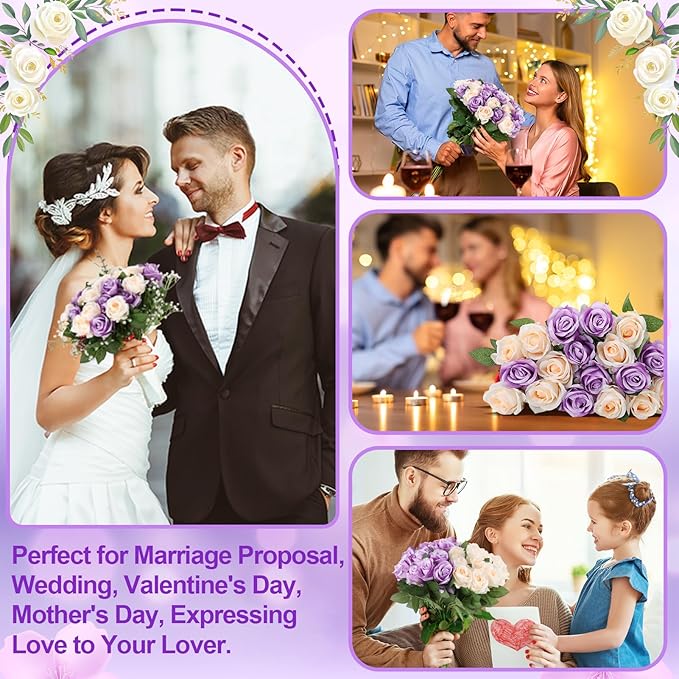 36 Pcs Purple, Champagne Artificial Roses with Long Stems, Purple Fake Silk Rose Artificial Flowers Bulk for Bridal Wedding Bouquet Centerpiece Ball Arrangement Party Decor