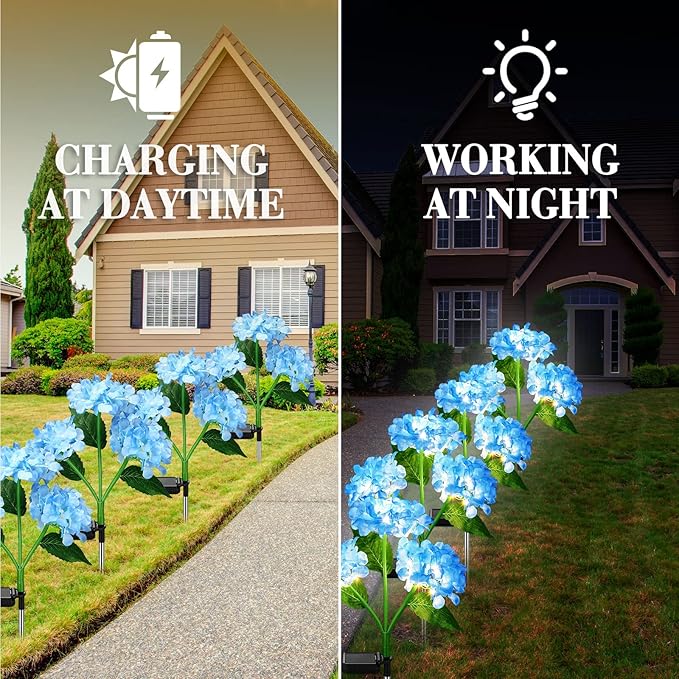 Treela 4 Pack Solar Lights Flowers Outdoor Waterproof Hydrangea Garden Stake Lights Realistic LED Flowers Powered Decorative Ground Solar Flower for Lawn Yard Backyard Decoration Gift(Blue)