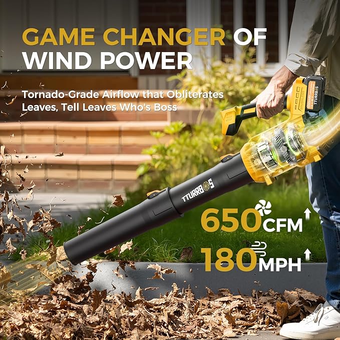 Leaf Blower Cordless - 650CFM Brushless Motor Leaf Blower with 6-Speed Control & Ergonomic Handle - Includes 2 x 5.0Ah Batteries & Fast Charger - Blowers for Lawn Care, Yard, Patio, Leaves, Snow, Dust