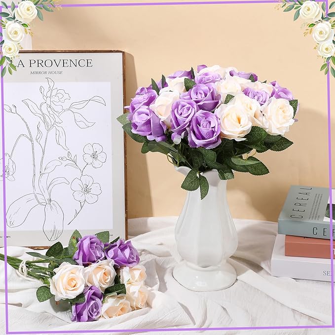 36 Pcs Purple, Champagne Artificial Roses with Long Stems, Purple Fake Silk Rose Artificial Flowers Bulk for Bridal Wedding Bouquet Centerpiece Ball Arrangement Party Decor