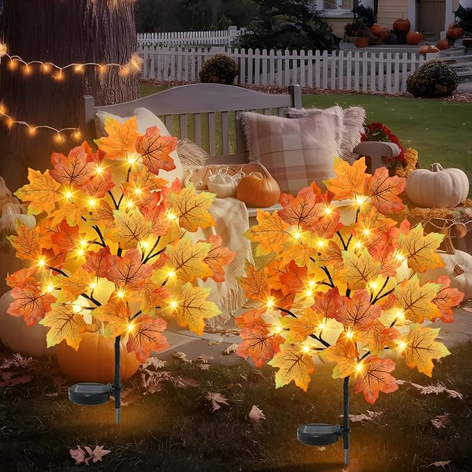 TORONTOKYO 4 Pack Fall Solar Outdoor Lights, Fall Decor 80 LED Maple Leaves Solar Stake Light with 8 Modes, Waterproof Fall Garden Lights Thanksgiving Decorations for Autumn Yard Pathway Outside