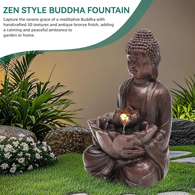 18.9" H Buddha Outdoor Water Fountain with LED Lights and Pump,Zen Style Relaxing Garden Fountain Waterfall for Patio, Porch, or Yard, Faux Bronze