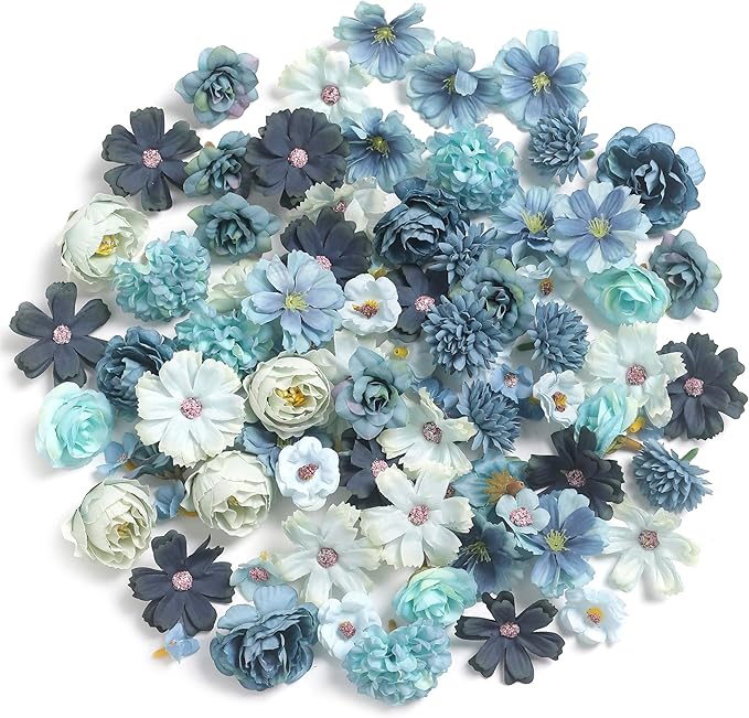 Faux Flower Heads Small Silk Artificial Flower DIY Fake Mini Flowers Rose Daisy Multicolor Flowers Craft Supplies for Wedding Party Wreath Graduation Season Party Home Decor (125, Blue)