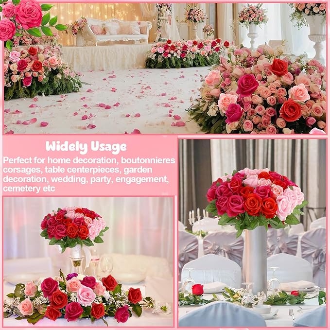 36 Pcs Mixed Pink Red Artificial Roses with Long Stems, Fake Silk Rose Artificial Flowers Bulk for Bridal Wedding Bouquet Centerpiece Ball Arrangement Party Decor