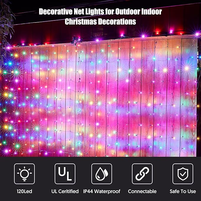Led Christmas Net Lights Outdoor Christmas Decorations 120Led 6Ftx4Ft Connectable Waterptoof Mesh Net Lights for Trees Bushes Wedding Garden Outdoor Christmas Decorations (Multicolor)