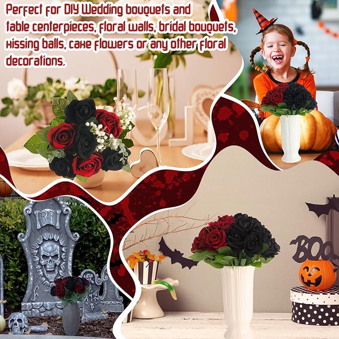 36 Pcs Silk Black Red Rose Bouquet Bridal Artificial Flowers,Fake Rose Long Stem Realistic Artificial Flowers Bulk for Wedding Bouquet Ball Arrangement Centerpiece Party Decor