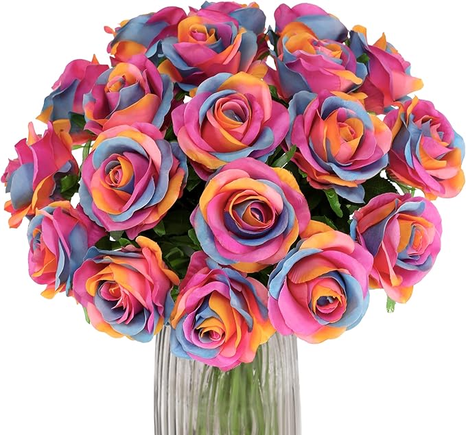 Rainbow Fake Roses Artificial Flowers - 10 Pcs Fake Artificial Roses Silk Flowers with Stems for Home Wedding Hotel Office Centerpiece Decor（Rainbow）