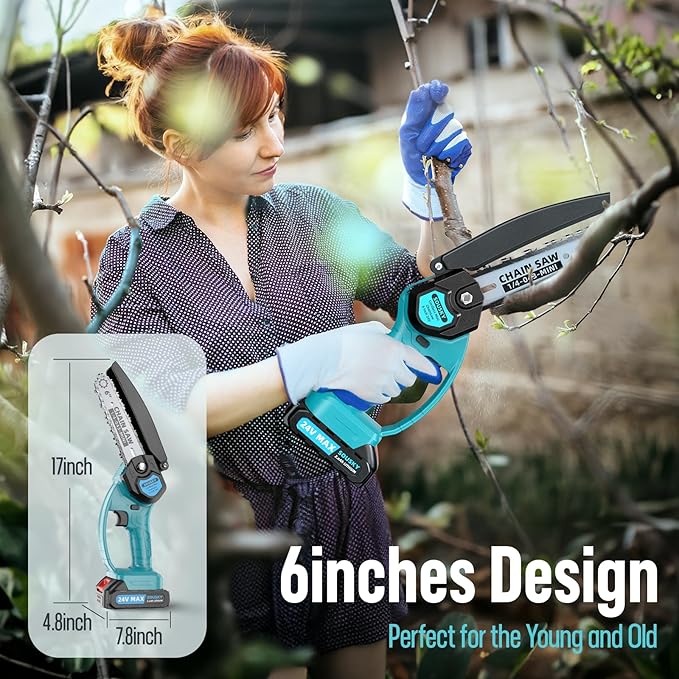 Mini Chainsaw Cordless, 6Inch Portable Small Chain Saw Battery Powered, Handheld Chainsaws with 2 * 24V 2.0MAH Powered Rechargeable Battery for Tree/Wood Cutting Trimming Craftsman Gardening Pruning