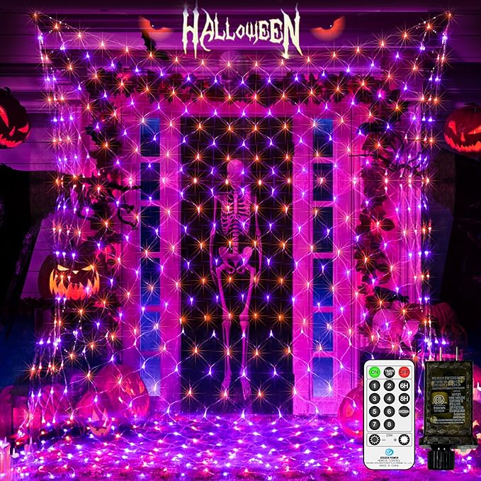 JXLEDAYY 200 LED Halloween Net Lights Outdoor Waterproof 3M*2M Mesh Lights Fairy String Lights Plug in with Timer 8 Modes for Bush Window Fence Garden Yard Roof Wall Decor-Purple and Orange
