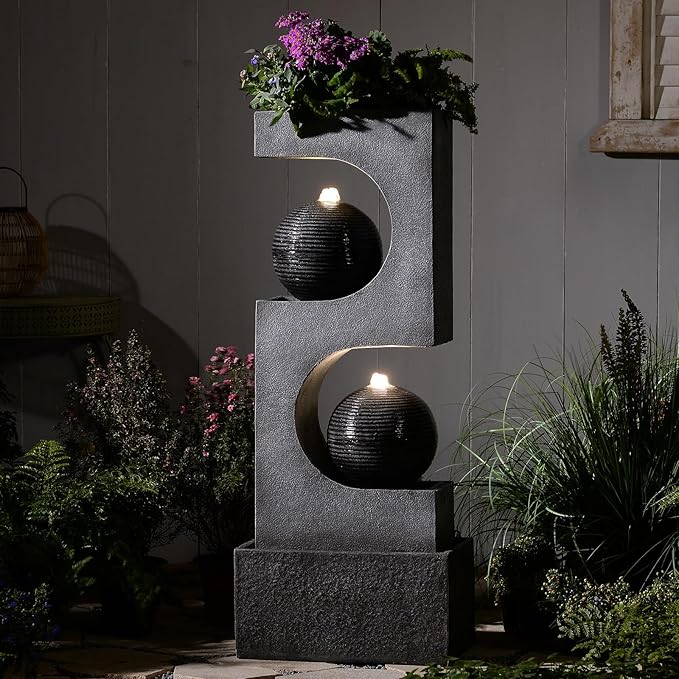 46''H Outdoor Water Fountain with LED Light, Modern Sphere Floor Waterfalls Fountains Indoor for Garden Patio Yard Deck Home Decor Lawn Porch House