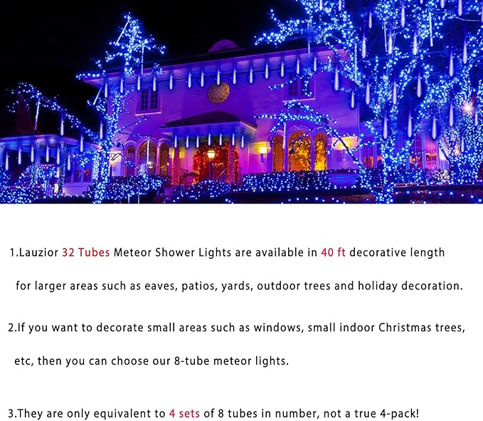 Christmas Lights Outdoors, 32 Tubes(Equivalent to 4 Sets of 8-Tubes) Meteor Shower Rain Lights - Blue lcicle Christmas Light Outdoor for Xmas Tree Wedding Party Holiday House Yard Decor, UL Plug