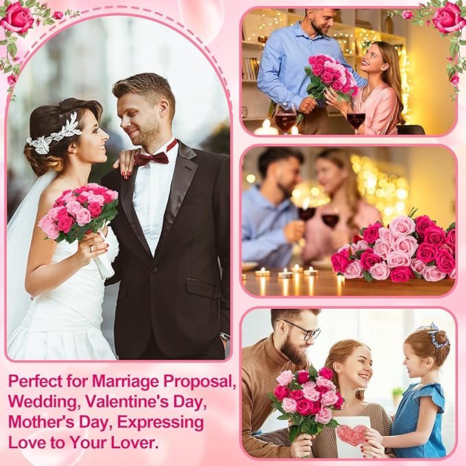 36 Pcs Pink, Hot Pink Artificial Roses with Long Stems, Fake Silk Rose Artificial Flowers Bulk for Bridal Wedding Bouquet Centerpiece Ball Arrangement Party Decor