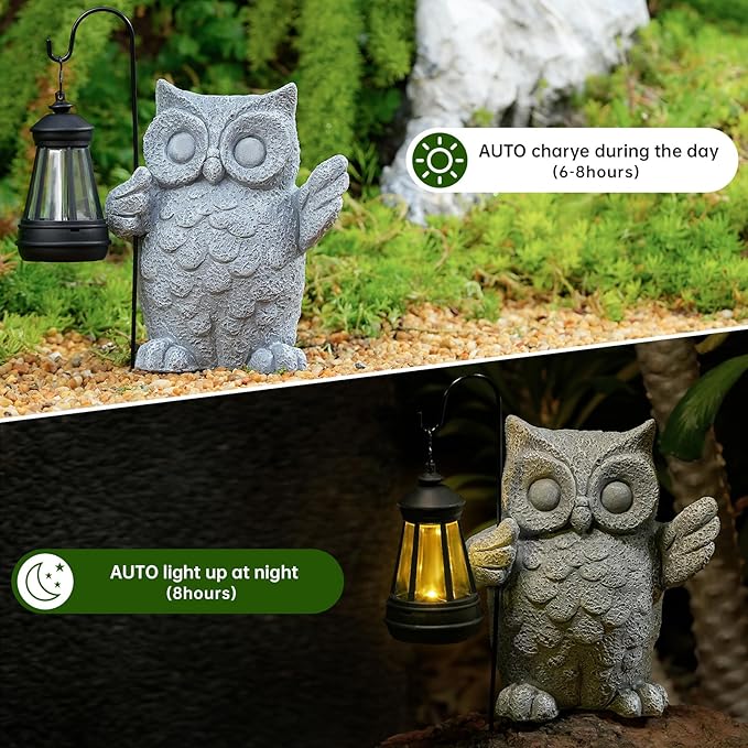 Solar Garden Statue Owl Figurine，Outdoor Garden Decor with Solar LED Lights for Patio,Balcony,Yard, Lawn-Unique Holiday Gifts for Women, Mom