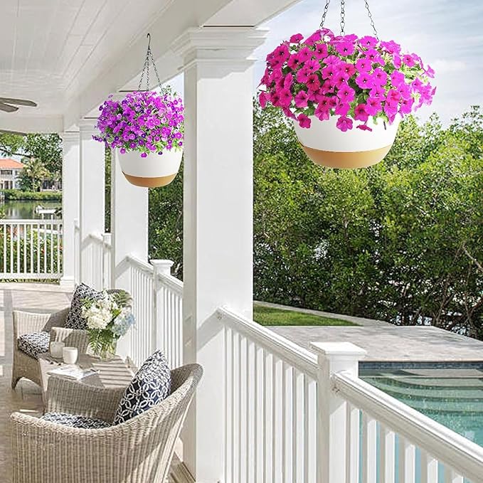 2 Pack Hanging Planters Set,10 Inch Indoor Outdoor Hanging Plant Pot Basket,Hanging Flower Pot with Drainage Hole with 3 Hooks for Garden Home(Caramel Hanger White Planters)