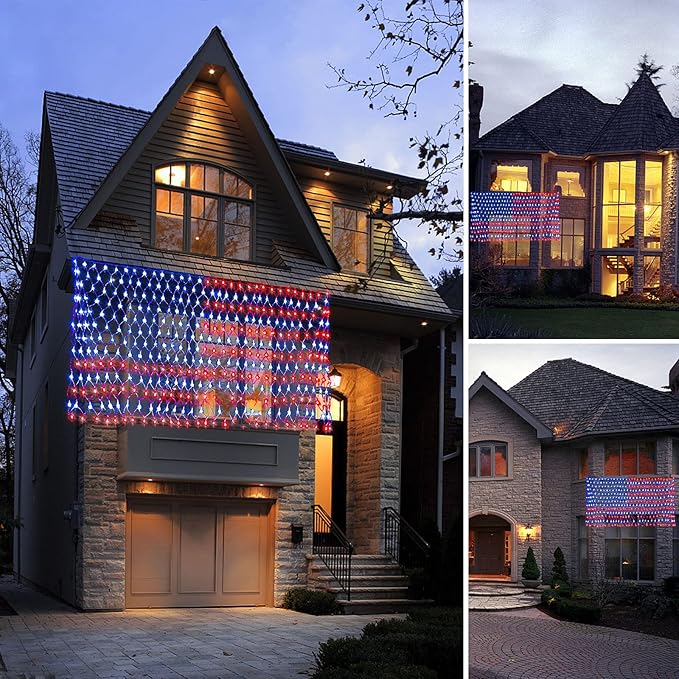 MUYUN American Flag Lights Solar Powered&Plug-in, 420LED Flag Net Light with Remote, 8 Modes Fairy String Light for Christmas Decorations Party Home Decor July 4th Independence Day