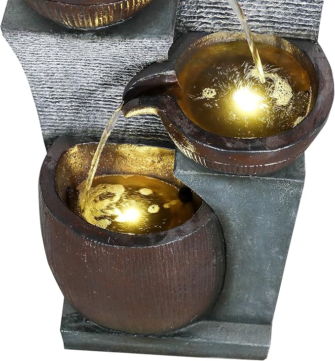 53.5in High Outdoor Indoor Water Fountain, 6-Tiered Poly-Resin Waterfall Fountain with LED Lights, Decorative Floor Standing Fountain for Garden, Patio, Yard, Home Decor