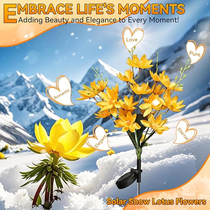 Neporal Solar Flowers Outdoor Waterproof IP65, 5-Head Snow Lotus with 20+ Flowers, Warm LED Light & 2 Lighting Modes, Decorative Solar Lights Outdoor Garden, Yard, Pathway, Flower Bed (2-Pack, Yellow)